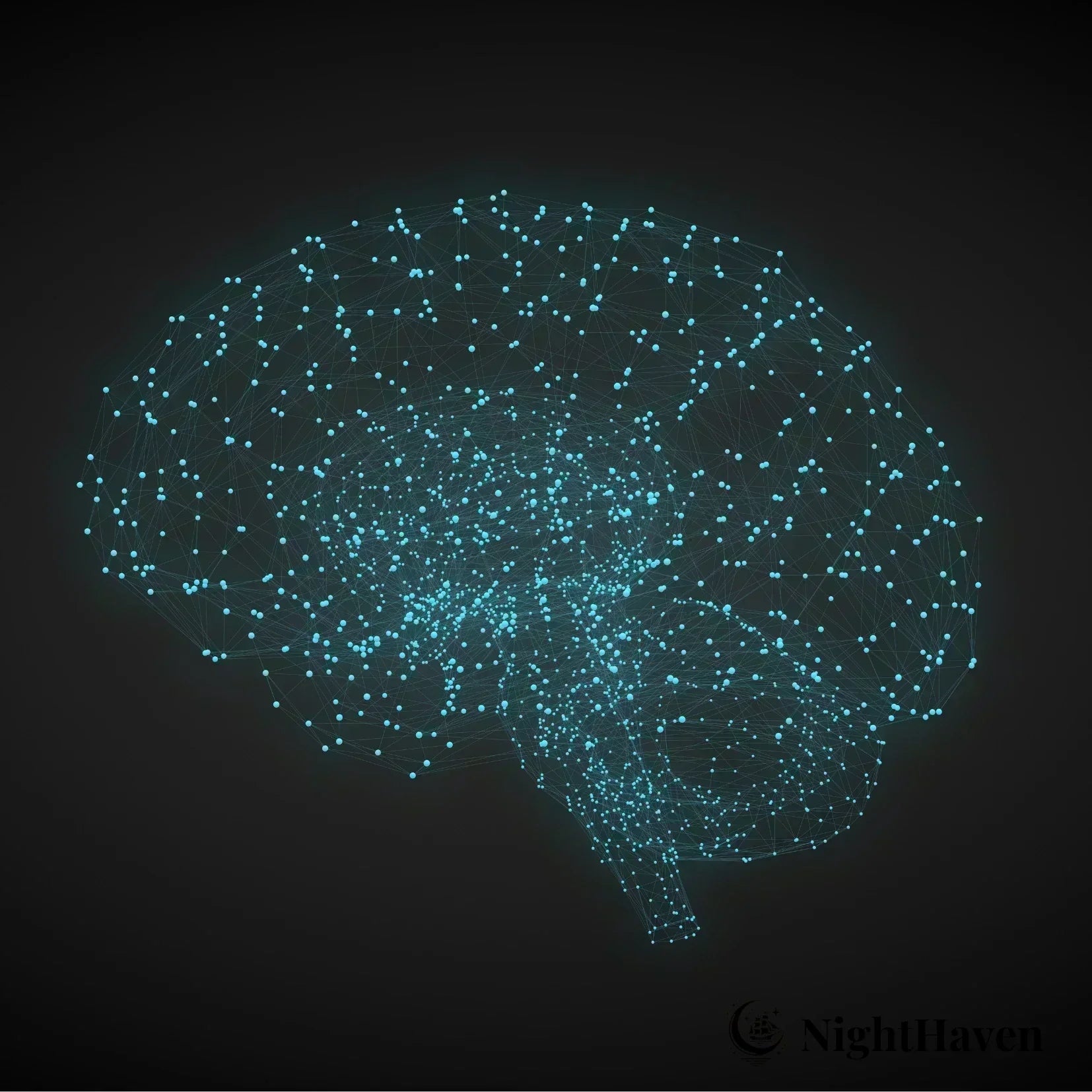 Visualisierung eines Gehirns mit leuchtenden Verbindungspunkten – Symbol für neuronale Aktivität und Einfluss von Schlaf auf das Gehirn