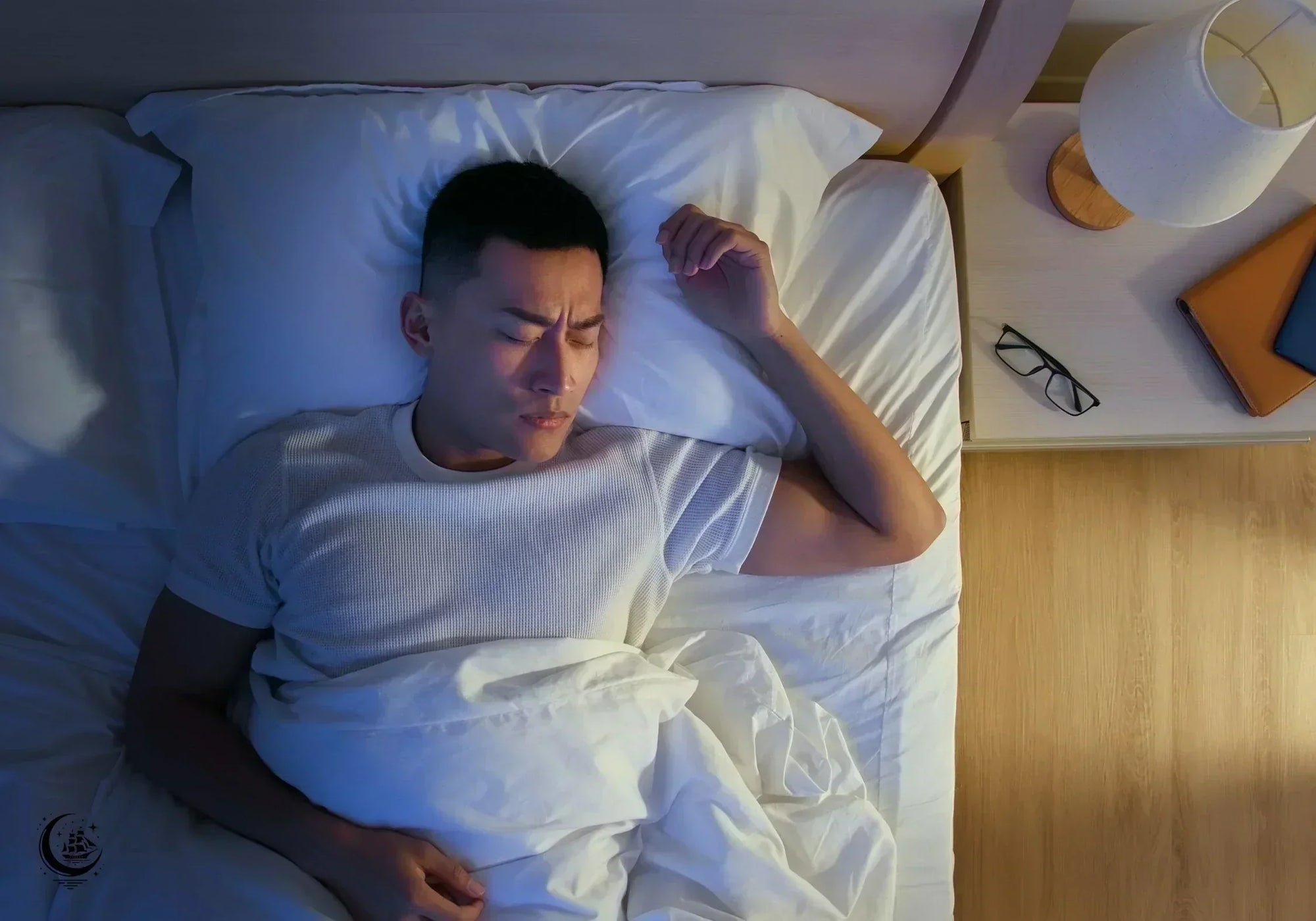 Mann liegt im Bett bei Nachtlicht – Blaulicht stört den Schlafrhythmus