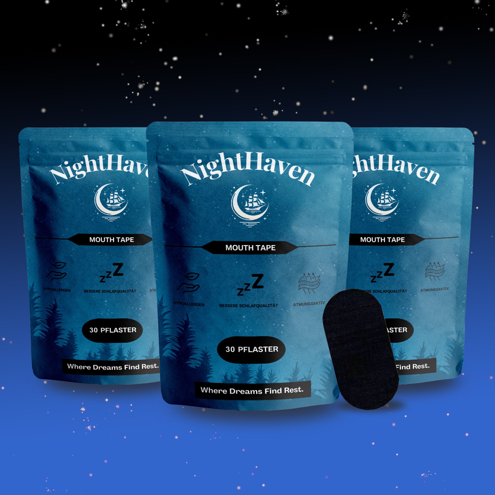 Drei Packungen NightHaven Mouth Tape. Bequem im Abonnement erhältlich
