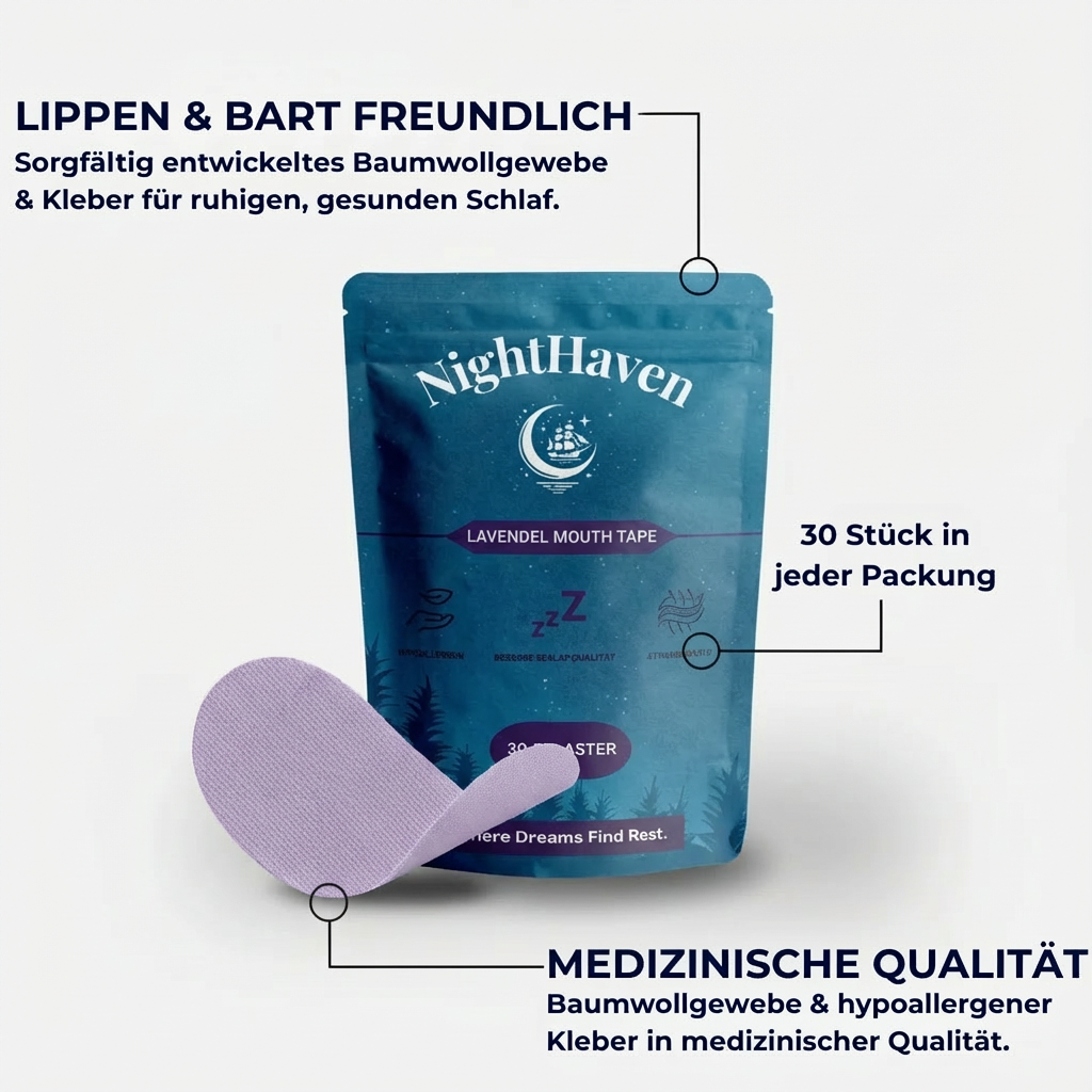 NightHaven Lavendel Mouth Tape – lippen- und bartfreundliches Mundpflaster zum Schlafen aus Baumwollgewebe in medizinischer Qualität, 30 Stück pro Packung