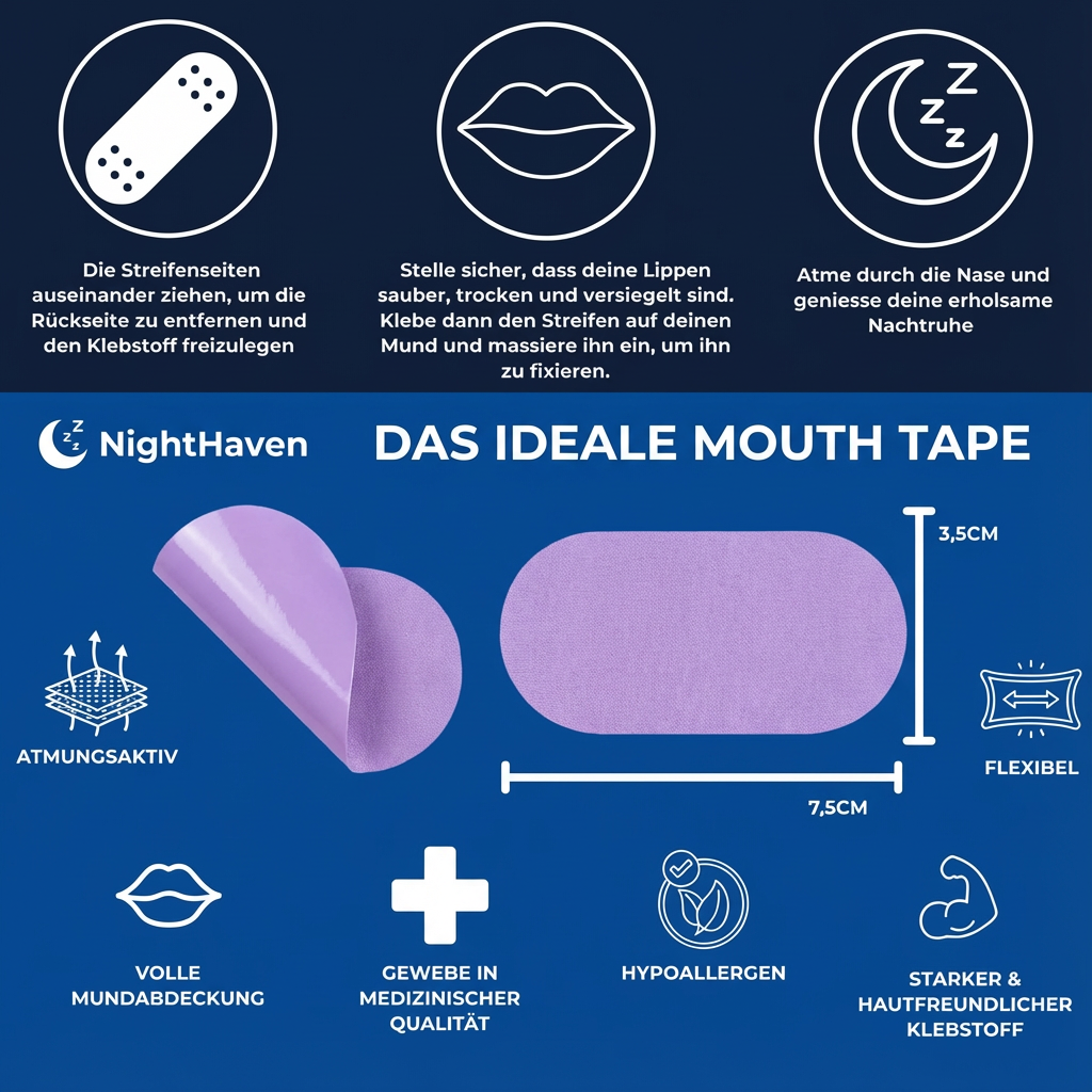 NightHaven Lavendel Mouth Tape Anwendung & Eigenschaften – Mundpflaster zum Schlafen mit Nasenatmung, voller Mundabdeckung, medizinischer Qualität, hypoallergenem Klebstoff und flexibler Passform