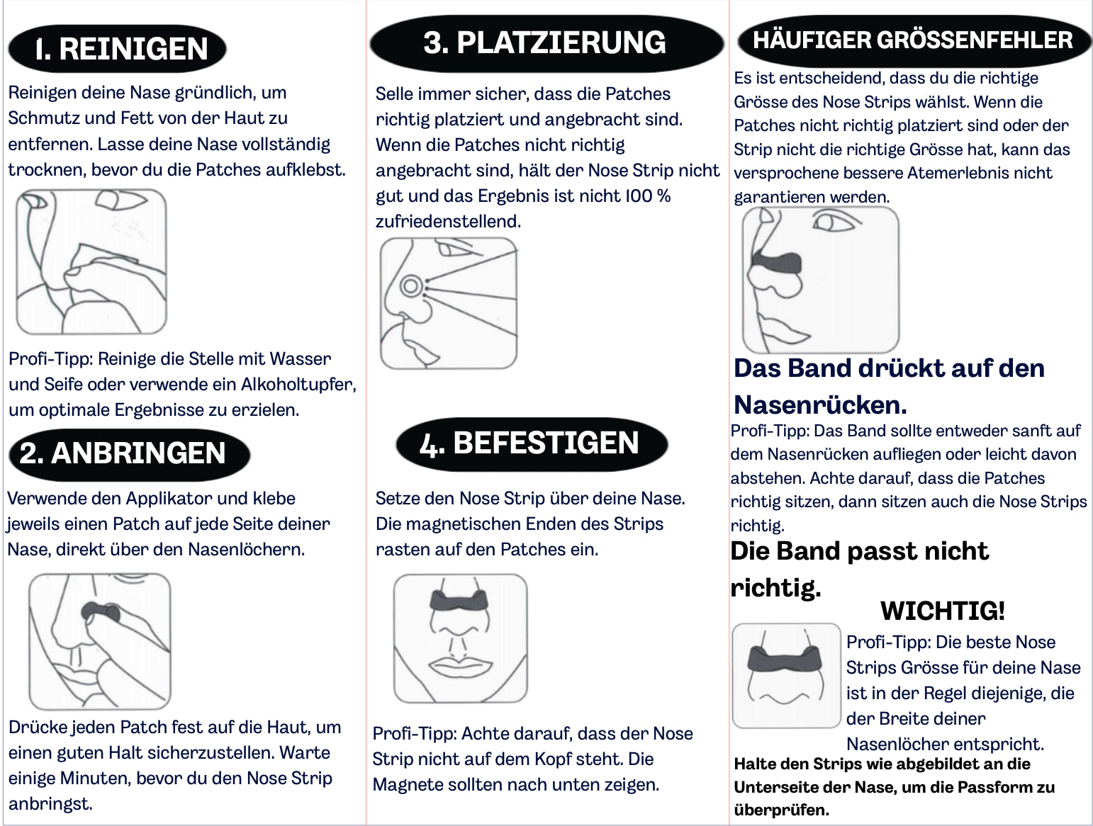 Bedienungsanleitung NightHaven Magnetische Nose Strips – Schritt-für-Schritt Erklärung zum Reinigen, Anbringen, Platzieren und Befestigen