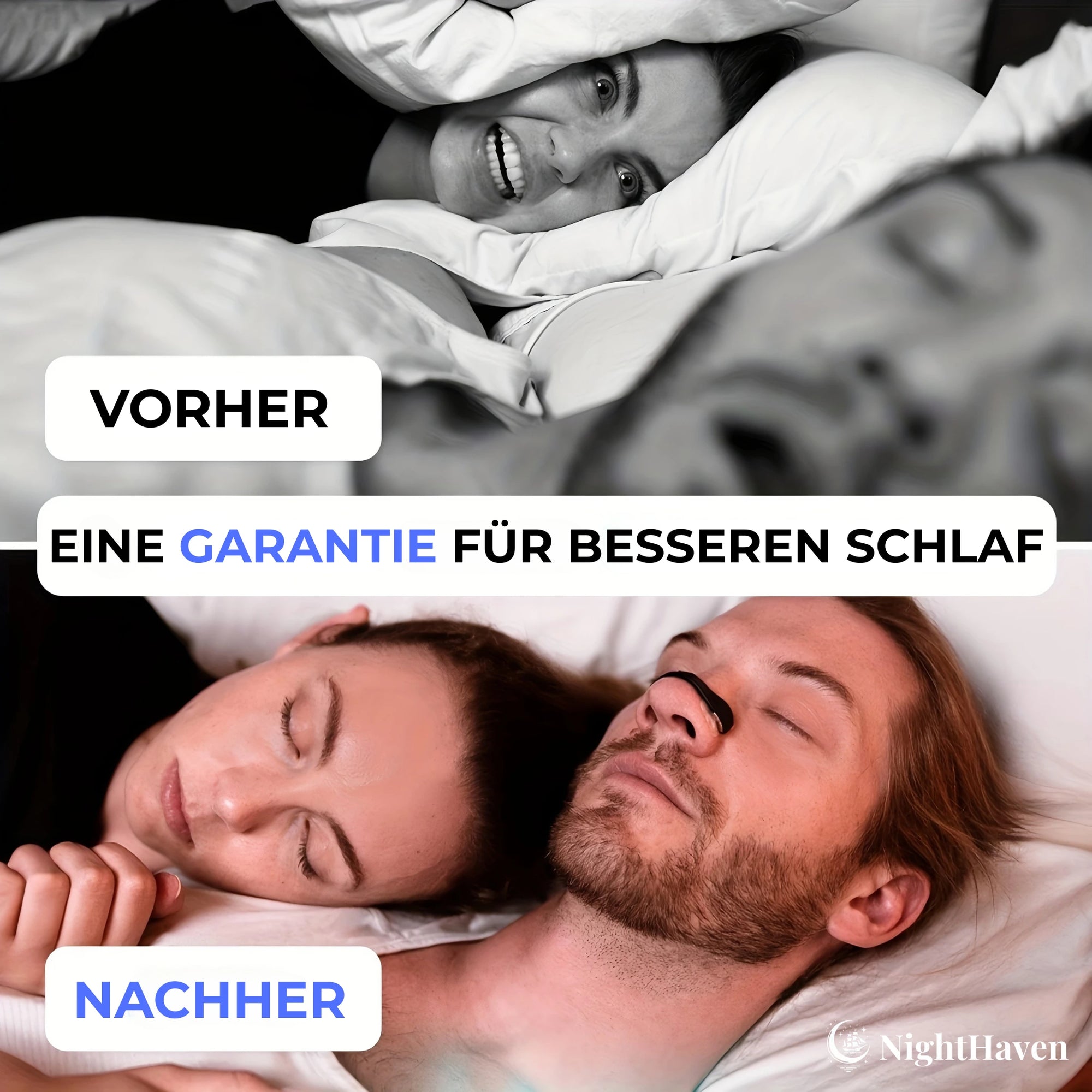Vorher-Nachher Vergleich mit NightHaven Magnetischen Nose Strips – weniger Schnarchen und erholsamer Schlaf für Paare