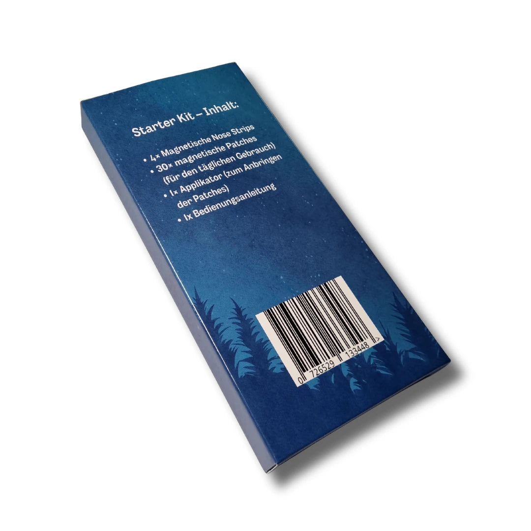 Rückseite der NightHaven Magnetische Nose Strips Verpackung mit Starter Kit Inhalt: Strips, Patches, Applikator und Anleitung