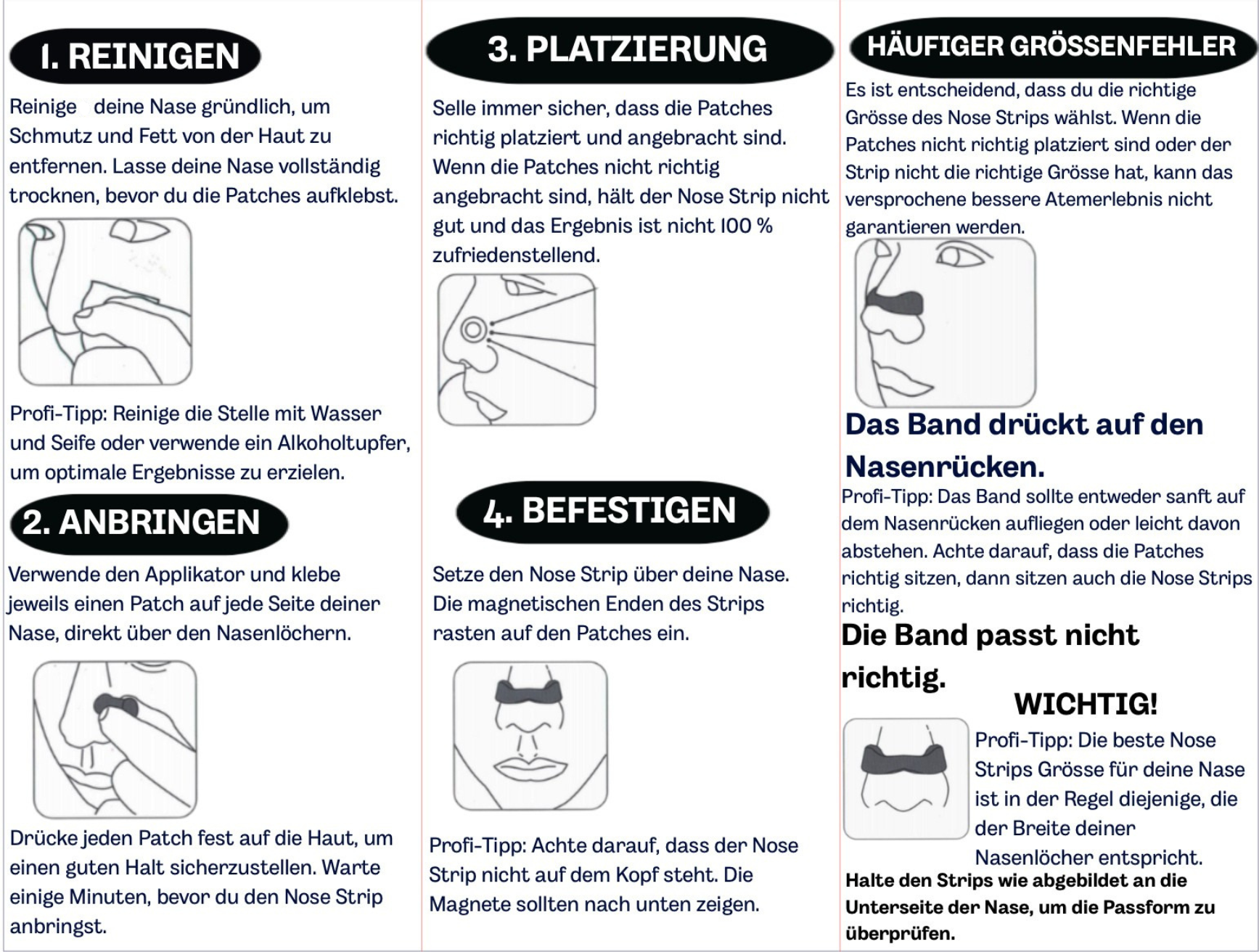 Bedienungsanleitung NightHaven Magnetische Nose Strips – Schritt-für-Schritt Erklärung zum Reinigen, Anbringen, Platzieren und Befestigen