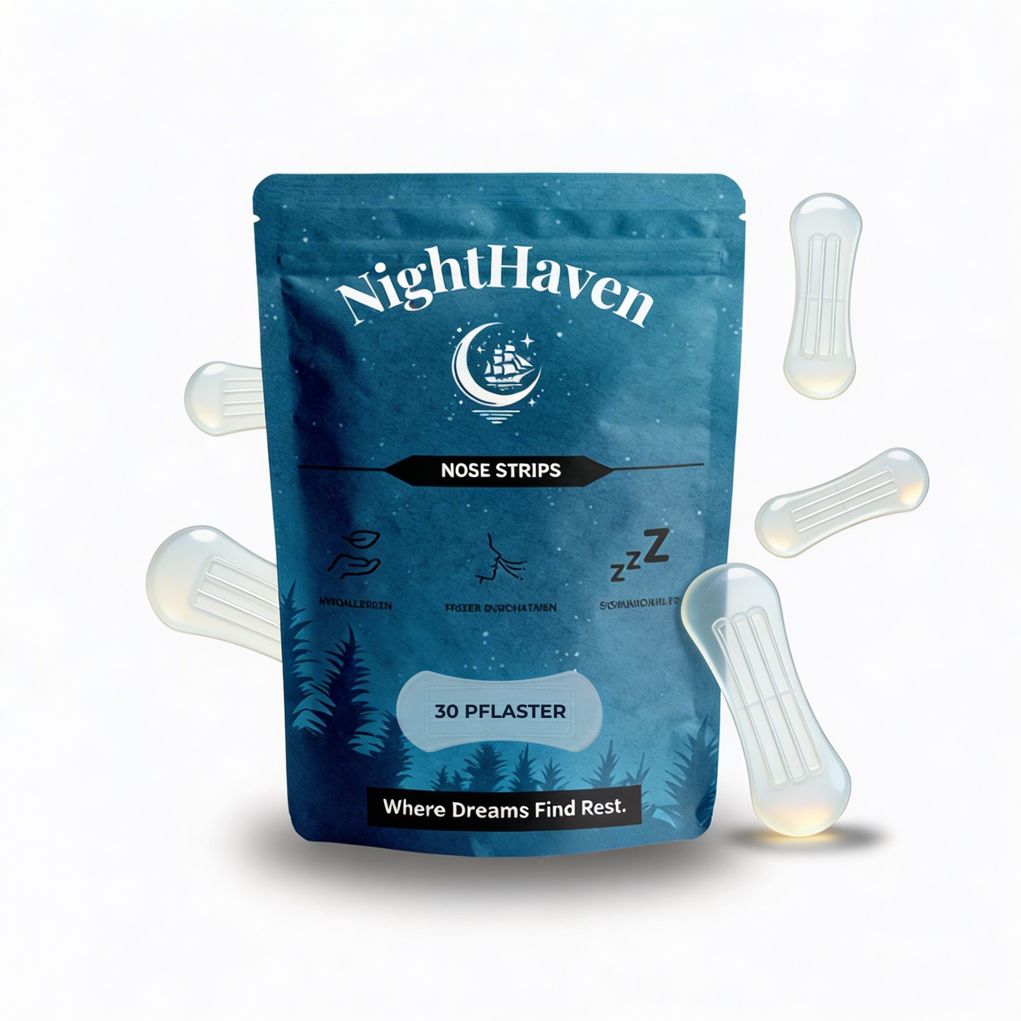 NightHaven Nose Strips Verpackung mit transparenten Nasenpflastern, für besser atmen, weniger schnarchen und besseren Schlaf