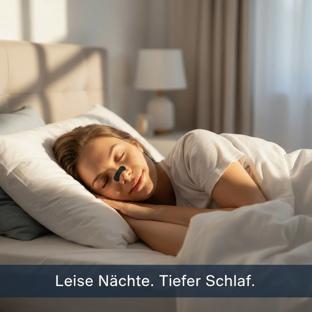 Frau schläft entspannt mit NightHaven Nasenstrips – Schnarchhilfe für ruhige Nächte
