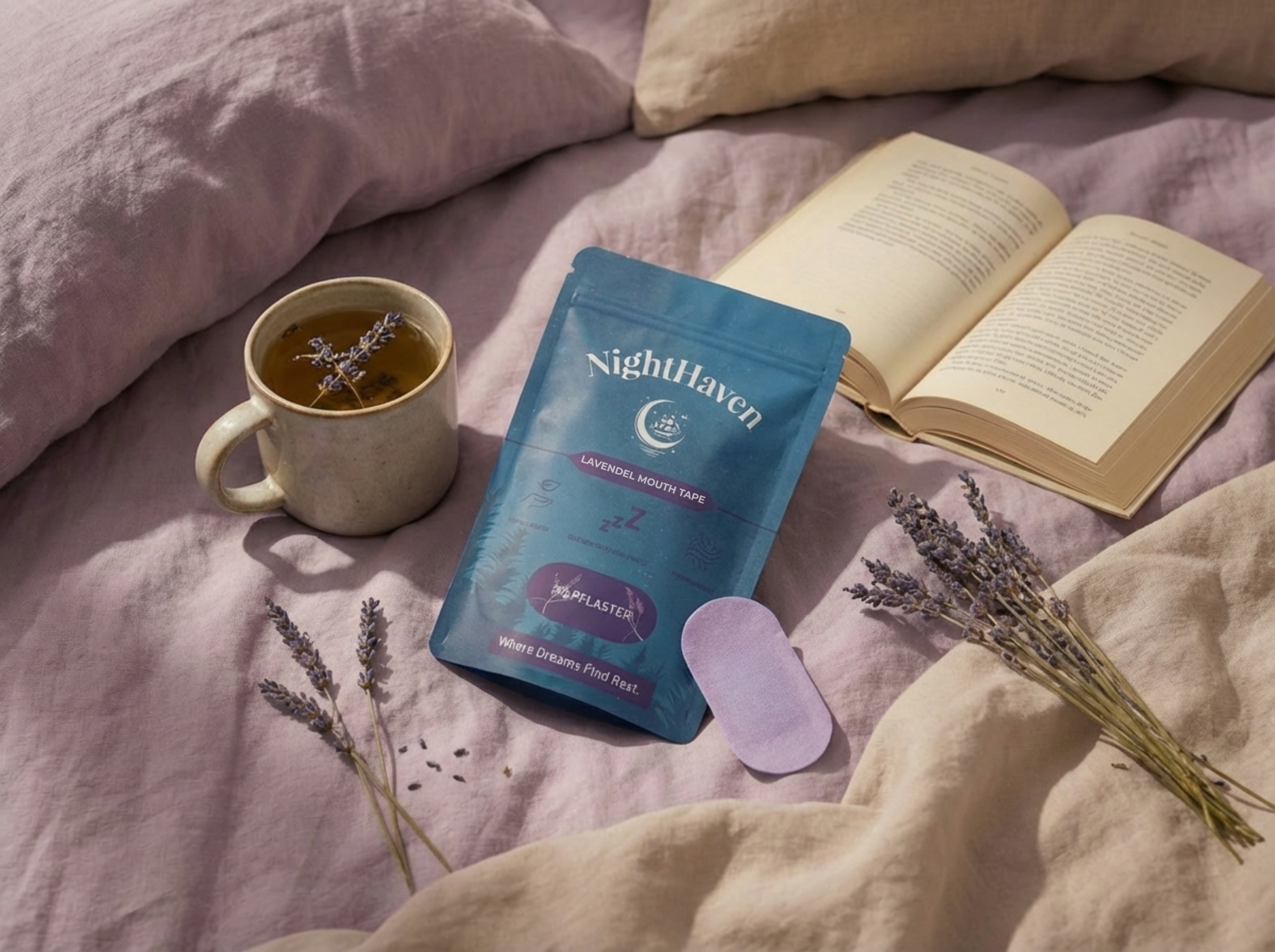 NightHaven Lavendel Mouth Tape im Schlafzimmer – Mundpflaster zum Schlafen für besseres Einschlafen, erholsamen Schlaf und verbesserte Schlafqualität durch Nasenatmung