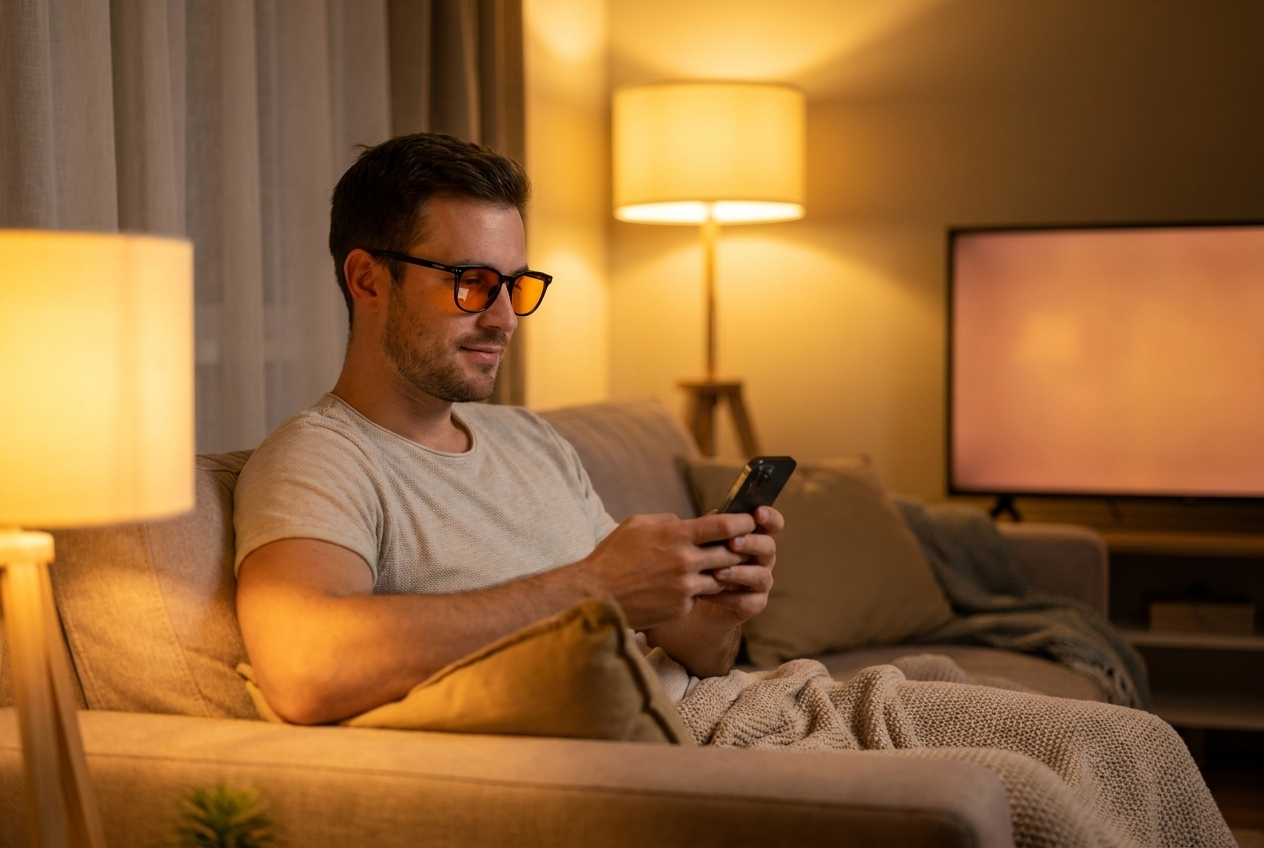 Mann trägt NightHaven VESPER™ Amber Lense Blaulichtfilterbrille beim Scrollen auf dem Smartphone im abendlichen Wohnzimmer