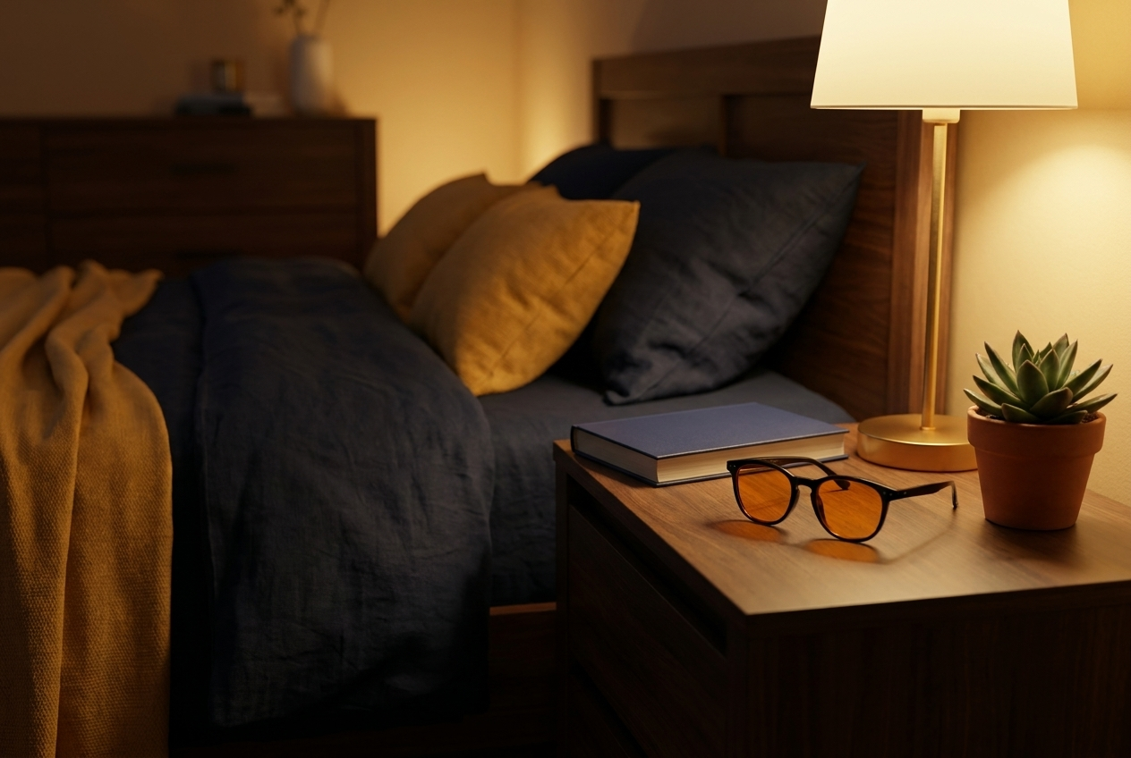 NightHaven VESPER™ Amber Lense Blaulichtfilterbrille liegt auf dem Nachttisch neben einem Buch und einer Pflanze vor einem gemütlichen Schlafzimmer
