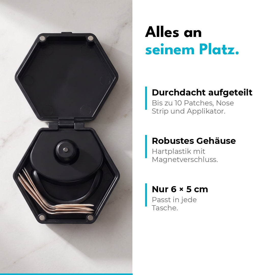 Schwarzes Reiseetui mit Platz für Patches, Magnetic Nose Strip und Applikator 